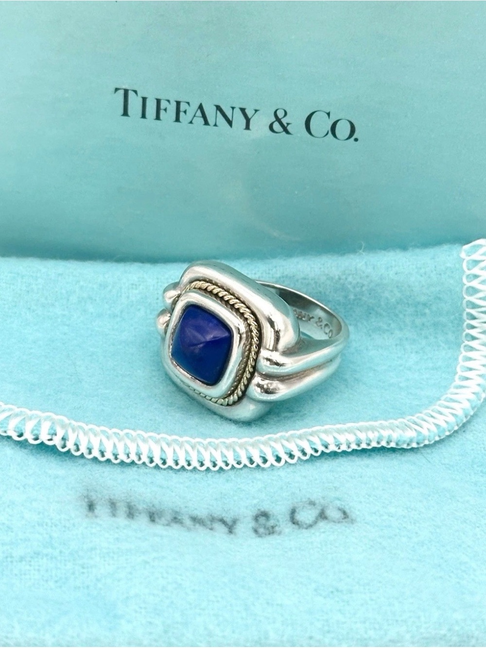 Vintage Tiffany & Co Sterling Silver & Gold Lapis Lazuli Ring Size 7.5